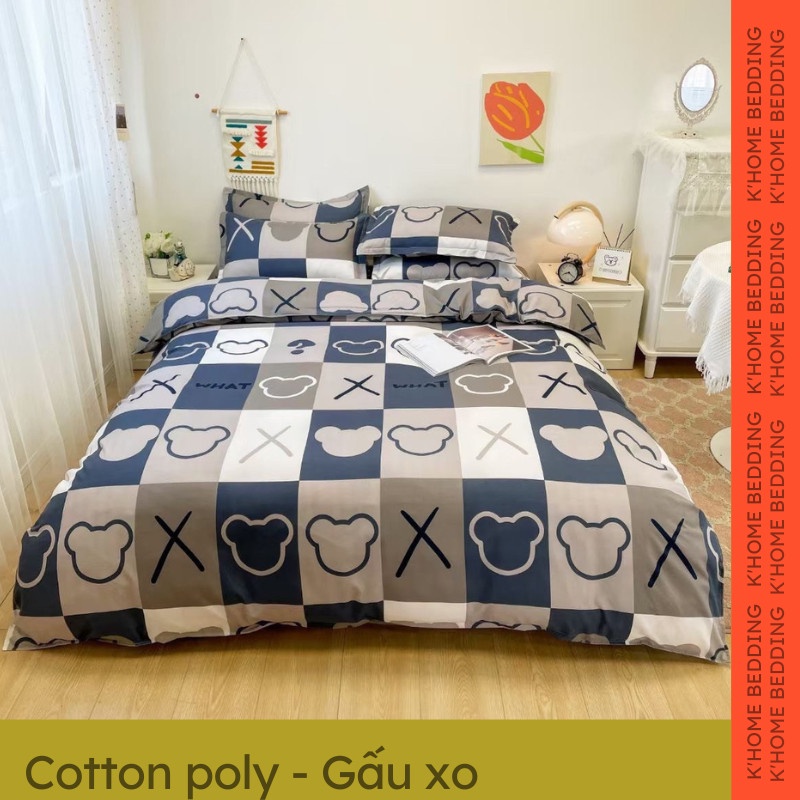 Bộ chăn ga gối cotton poly K'home set ga giường 4 món vỏ chăn ga gối có bo chun theo kích thước - Gấu XO
