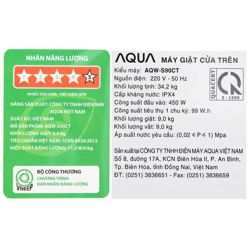 CHÍNH HÃNG - Máy giặt Aqua 9 Kg AQW-S90CT H2