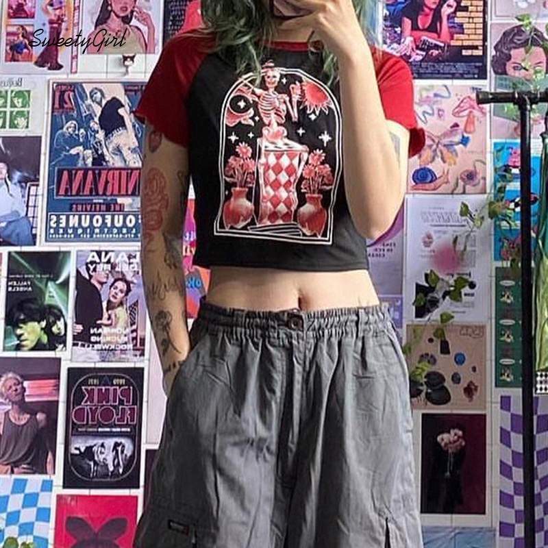 Áo Thun Dáng Ôm Tay Ngắn In Hình Đầu Lâu 2022 Thời Trang Cho Nữ