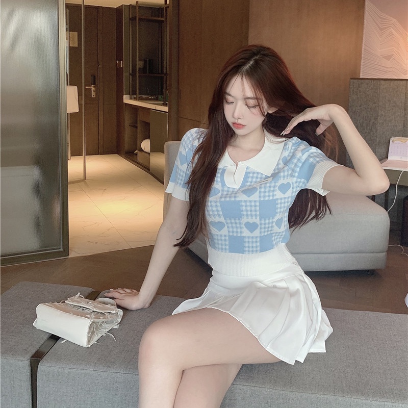 Áo polo SUXI dệt kim tay ngắn họa tiết sọc caro thời trang mùa hè cho nữ