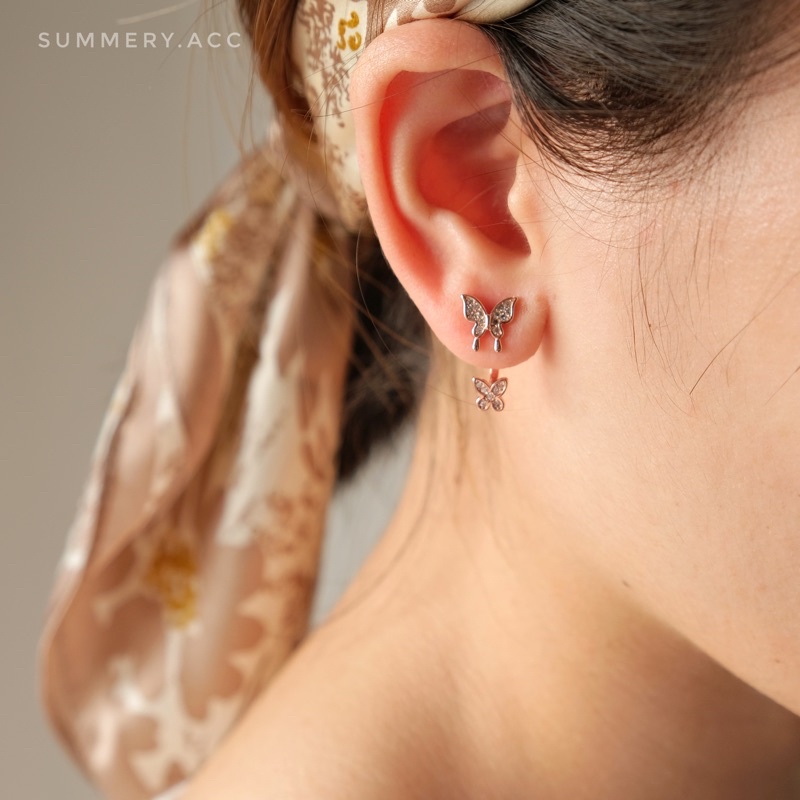 Khuyên tai bạc 925 SUMMERY hình bướm đính đá chốt sau đeo 2 kiểu S925 mạ vàng hồng