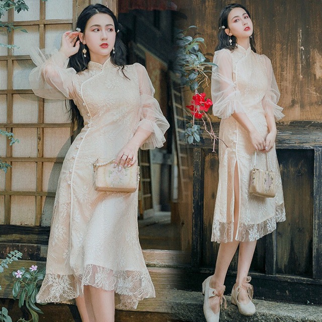 Sườn xám cách tân🌸 phối ren hoa xẻ tà dáng váy dài quảng châu