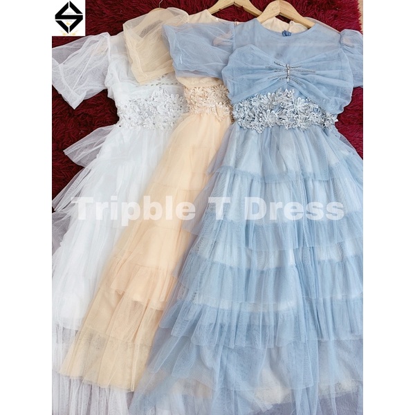 Đầm xoè công chúa tay phồng xếp tầng kết hoa nổi và cườm siêu xinh TRIPBLE T DRESS - size M/L - MS367V