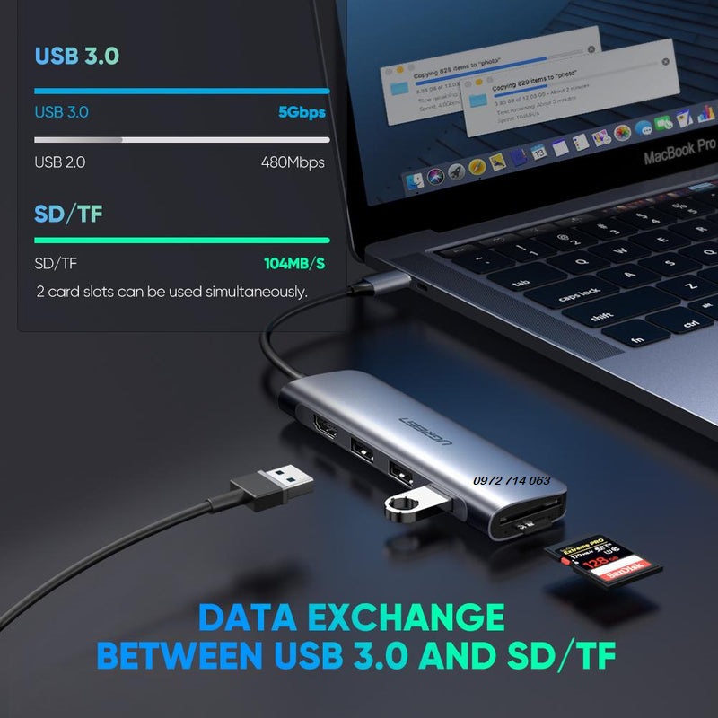 Thiết bị mở rộng Ugreen USB type-C to HDMI 4K30HZ / 3 cổng USB 3.0/SD/TF chính hãng 70410