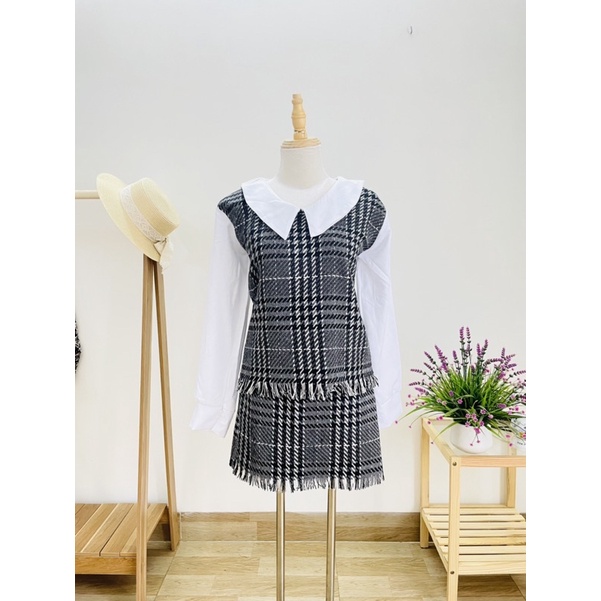 Set đồ thu đông dạ phối voan Áo + chân váy