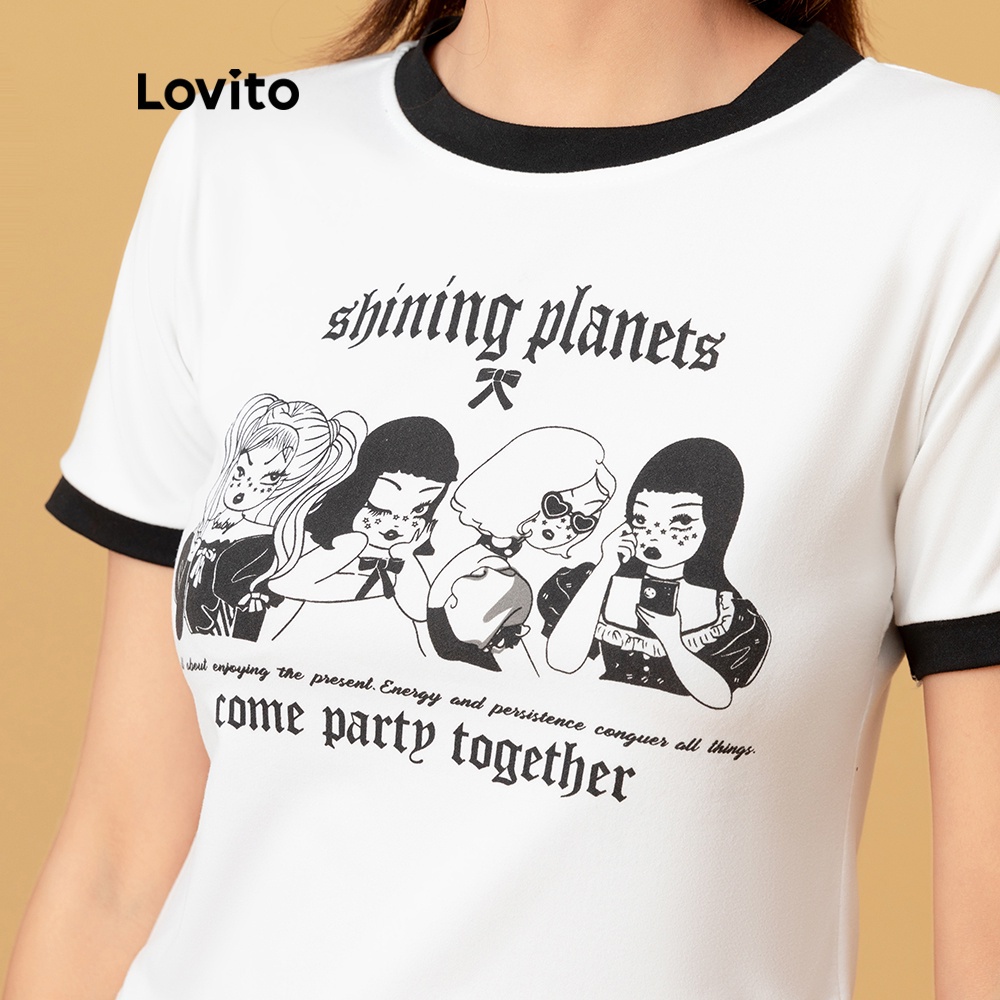 Áo thun Lovito cổ tròn in họa tiết hoạt hình phong cách thường ngày L05251 (trắng) | BigBuy360 - bigbuy360.vn