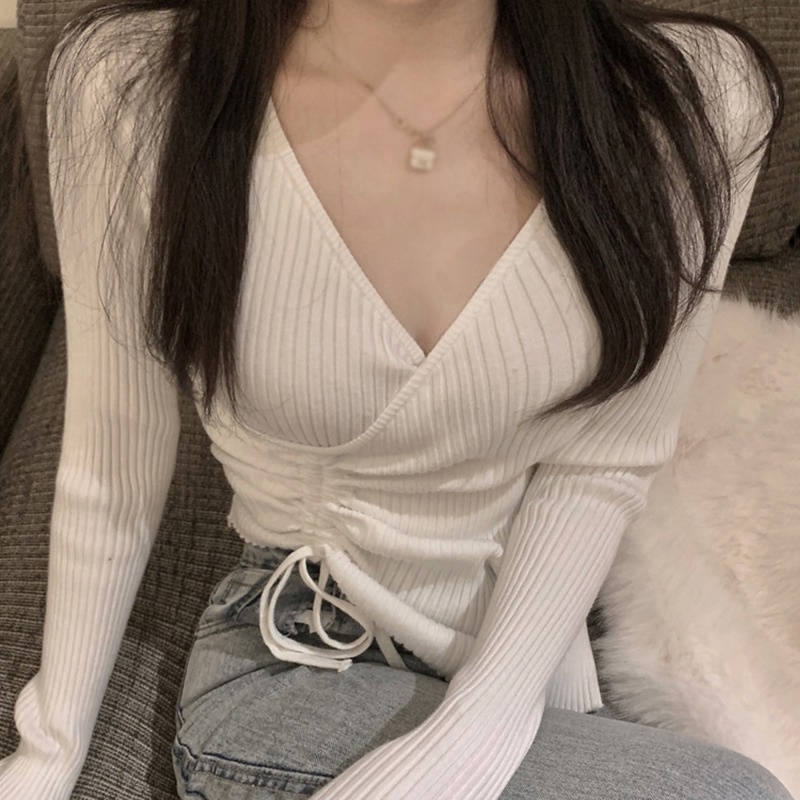 Áo Sweater Dệt Kim Tay Dài Cổ Chữ V Màu Sắc Đơn Giản Phong Cách Hàn Quốc