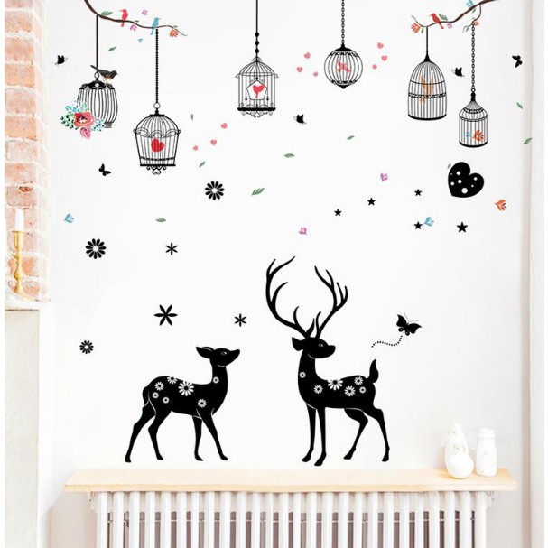 COMBO 3 DECAL GHÉP ĐÔI DÁN TƯỜNG - DÂY LỒNG CHIM KẾT HỢP CẶP NAI ĐEN VÀ BÉ GÁI ĐÁNG YÊU ( 3 TẤM )