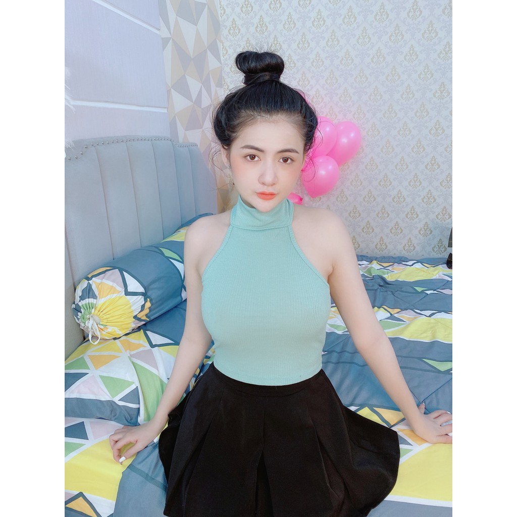 áo yếm croptop cổ cao cài nút sau xinh thun gân đẹp