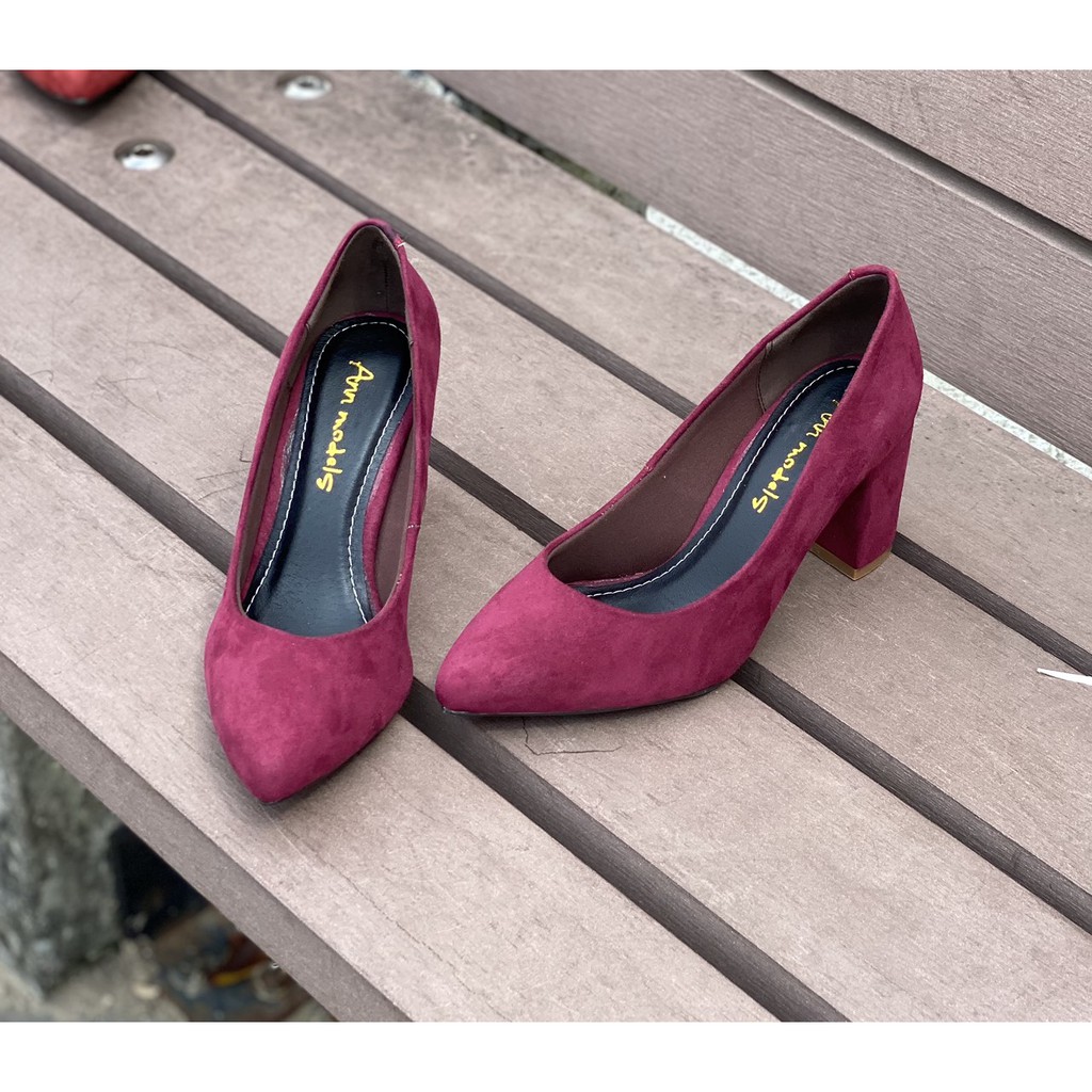 Giày cao gót nữ công sở Anna gót vuông 7 phân mũi nhọn da lộn cao cấp