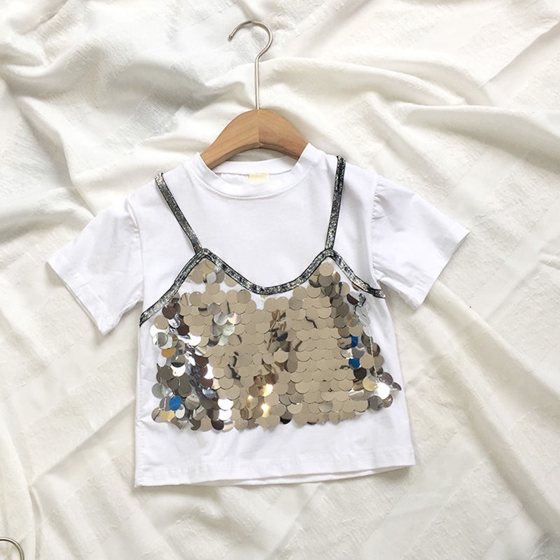 Áo Thun Cotton Tay Ngắn Đính Sequin Thời Trang Dành Cho Bé Gái