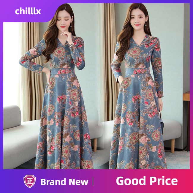 Đầm Dài Tay Cổ Chữ V In Hoa Thời Trang Mùa Thu Đông Dành Cho Nữ