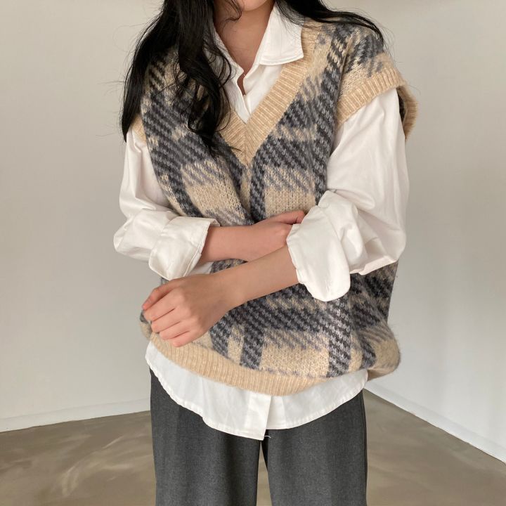 Xiaozhainv Áo sweater không tay cổ chữ V in họa tiết sọc caro thời trang Hàn Quốc