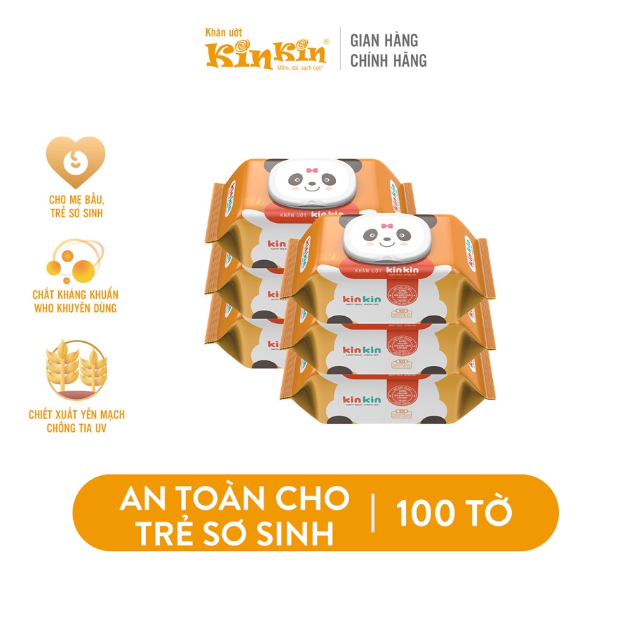 Khăn ướt cho bé chăm sóc da KinKin có nắp 100 tờ/gói - Combo 6 gói