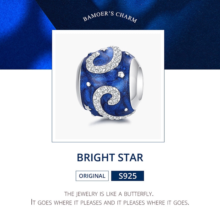 Phụ kiện hạt Bamoer xi bạc 925 phối đá màu lam lấp lánh dùng làm trang sức SCC1387