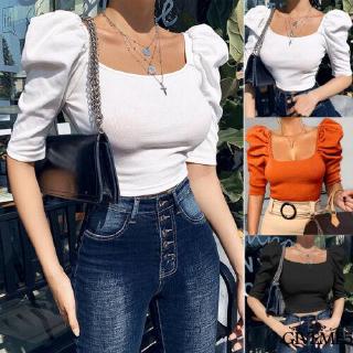 Áo Croptop Tay Ngắn Trễ Vai Phối Bèo Nữ Tính