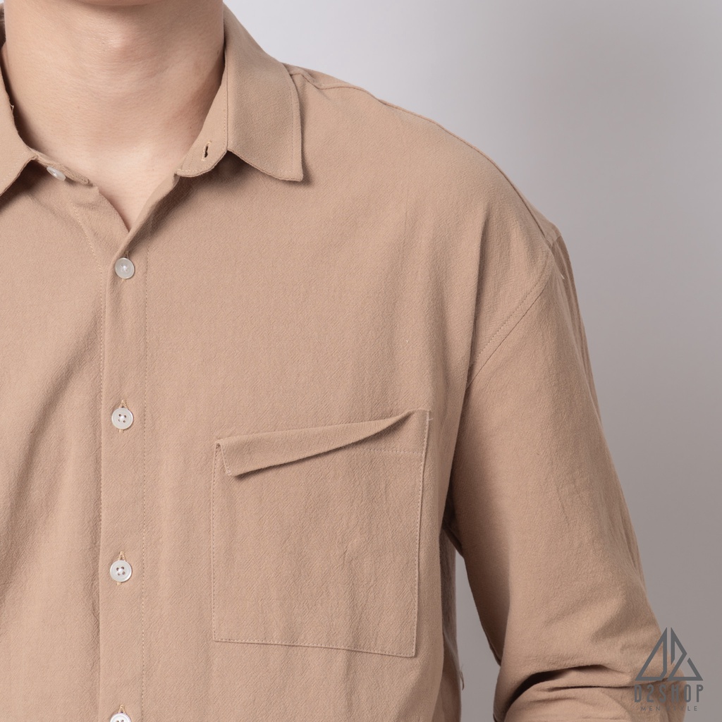 Áo sơ mi D2shop, áo sơ mi nam dài tay vải linen túi xếp, màu be