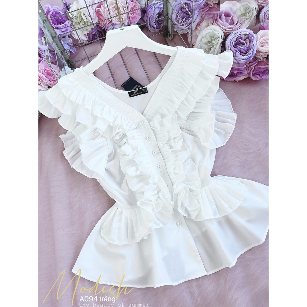 A094 Áo sơ mi nữ đỏ cổ V bèo ngực - Modish And Chic Thời trang thiết kế
