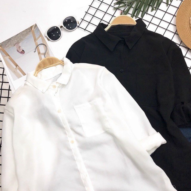 Áo Sơ Mi Nữ kiểu Tay Dài Cổ Bẻ 1 Túi Ngực Chất Lenin Thun Co Giãn Nhẹ Mặc Đẹp Thoải Mái [NEW UNISEX]