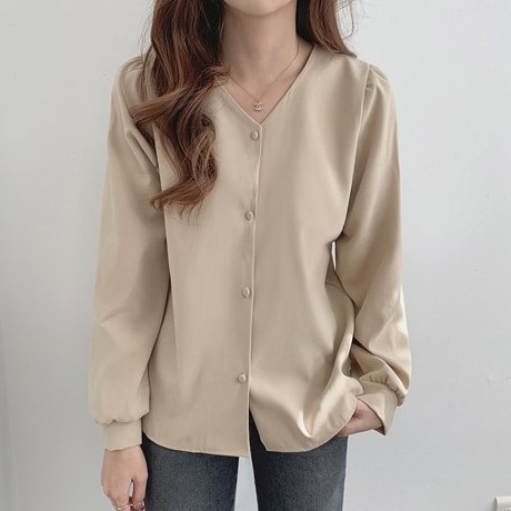 Áo Sơ Mi Tay Dài Cổ Chữ V Màu Trơn Dành Cho Nữ 38597