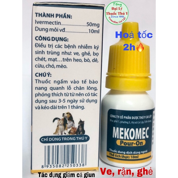 MEKOMEC nhỏ sống lưng trị ve rận, ghẻ mạt, kí sinh trùng dùng cho chó mèo, gia súc . lọ 10ml