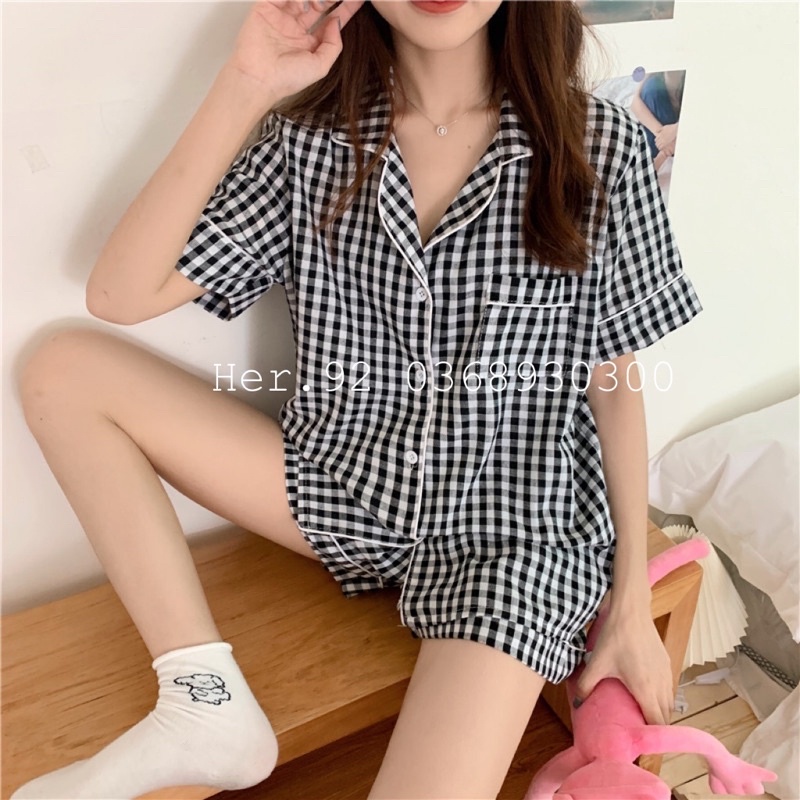 Bộ pijama kẻ ô quần đùi áo cộc mặc nhà siêu xinh đồ ngủ phong cách Hàn quốc