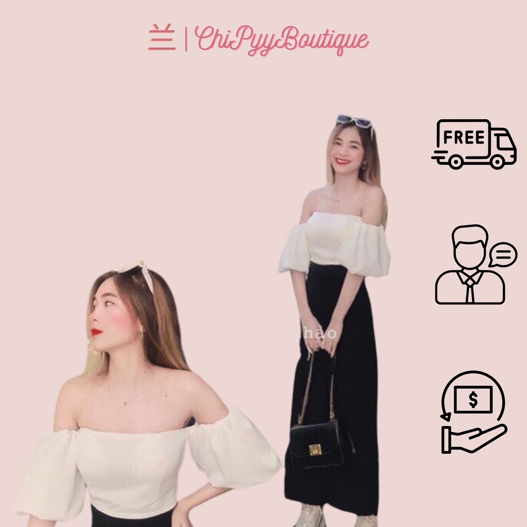 Set 2 món áo kiểu trễ vai tay ngắn kèm quần culottes dài form suông ống rộng lưng cao cạp chun co dãn