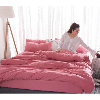 Sét vỏ chăn ga gối cotton đũi trơn màu hồng đậm