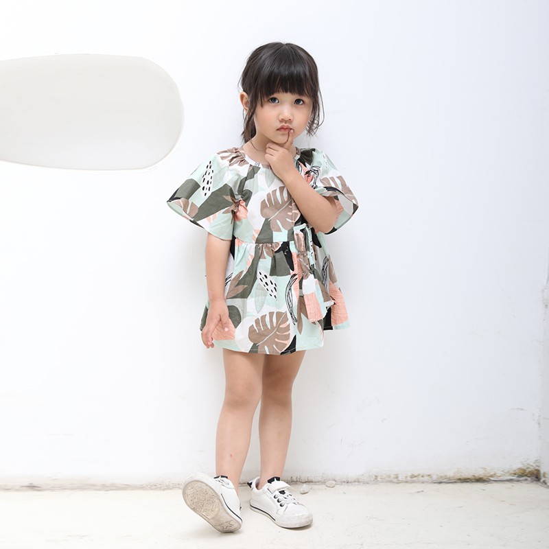 Đầm cotton bé gái thời trang Hàn Quốc 2020 thiết kế in họa tiết lá cây xanh thân thiện mội trường
