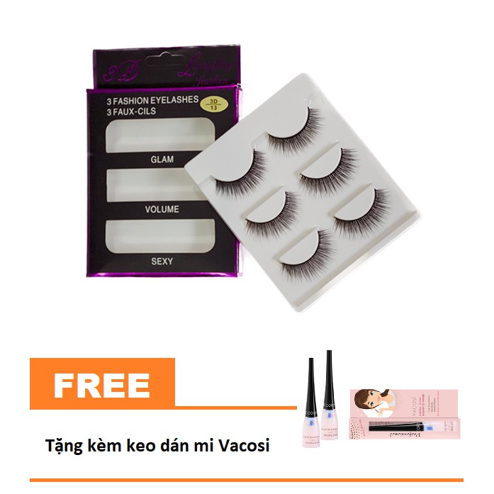 Combo 3 cặp mi giả 3D ( lông chồn )+ keo dán mi Vacosi