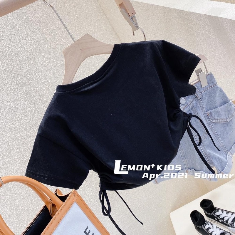 Áo Thun Cotton Ngắn Tay Lưng Cao Phối Dây Rút Thời Trang Cho Bé Gái