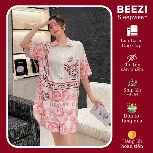Đồ ngủ BEEZI, váy ngủ nữ dáng áo sơ mi họa tiết graphic sinh động, dễ thương chất liệu lụa Latin cao cấp mềm mại-BZD50