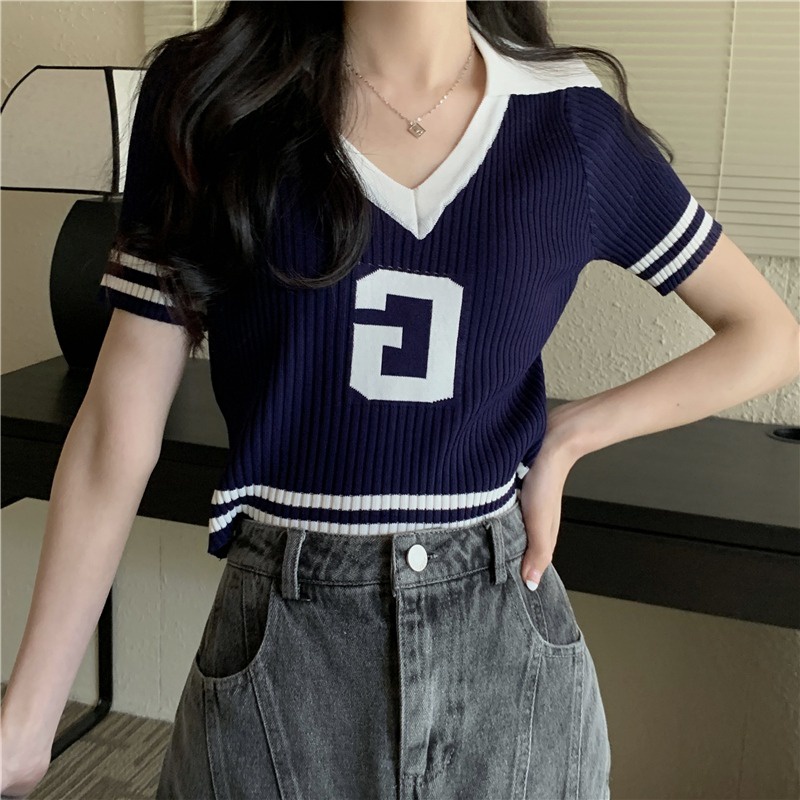 Áo kiểu ZHELIHANGFEI dệt kim tay ngắn cổ chữ V dáng rộng trẻ trung thời trang