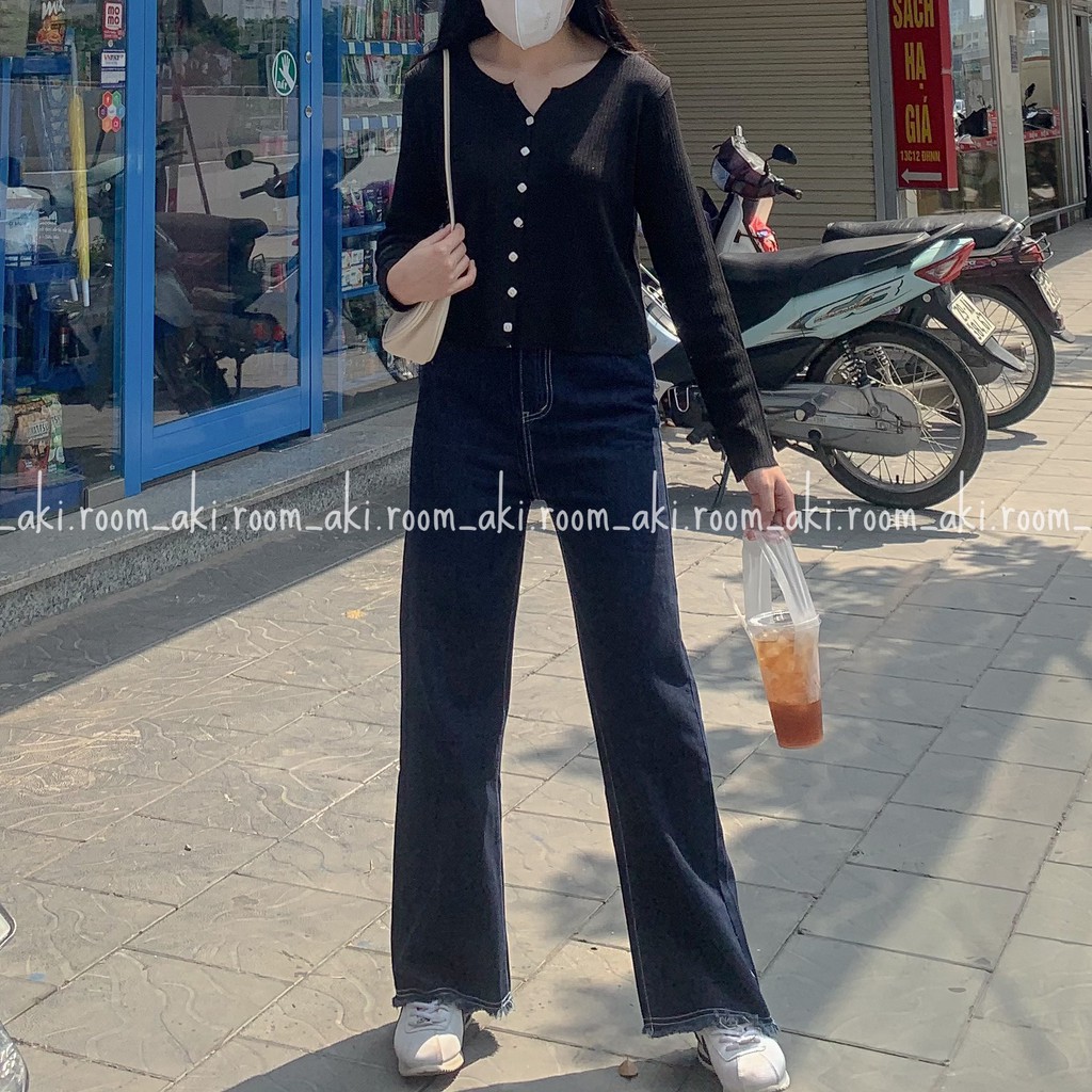 Quần jeans ống suông chỉ nổi tua rua gấu Fanegu 3990 (Xanh đậm)