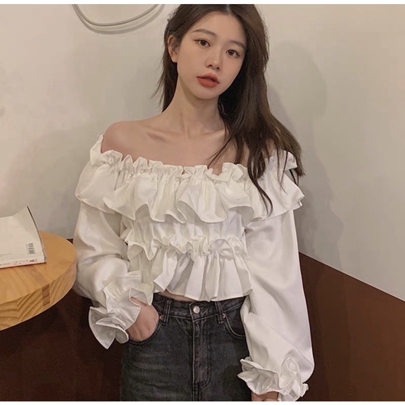 ÁO TRẮNG VIỀN BÈO BO CHUN TAY❤️