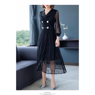 Đầm ren cổ vest phối nút cao cấp