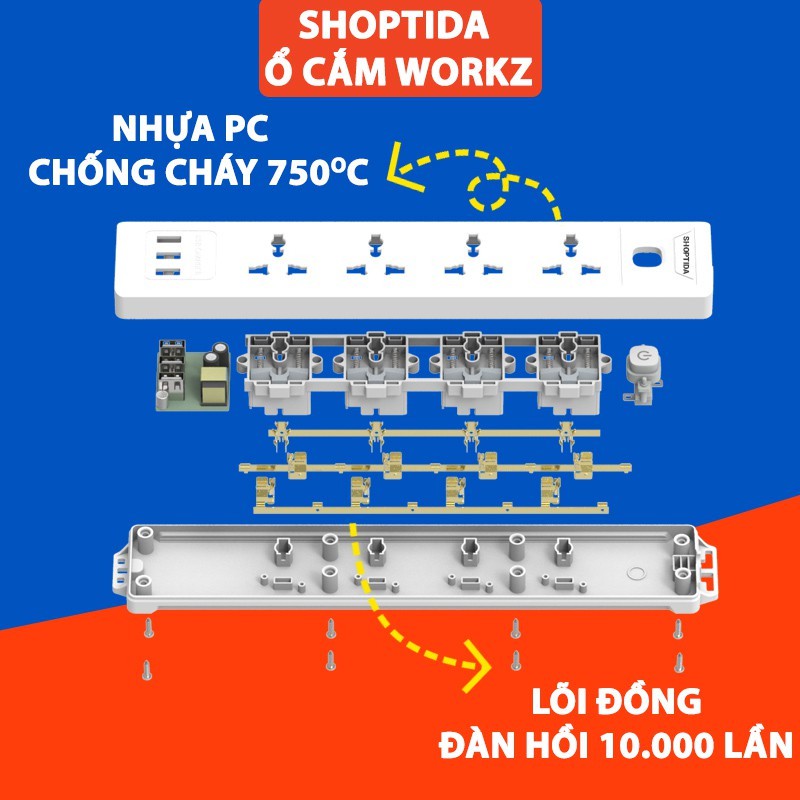 Combo 2 Ổ Cắm Điện Đa Năng CubeZ/WorkZ Shoptida 3 Cổng USB và 4 Ổ Điện chịu tải 2500W Dây nối dài 1.8m