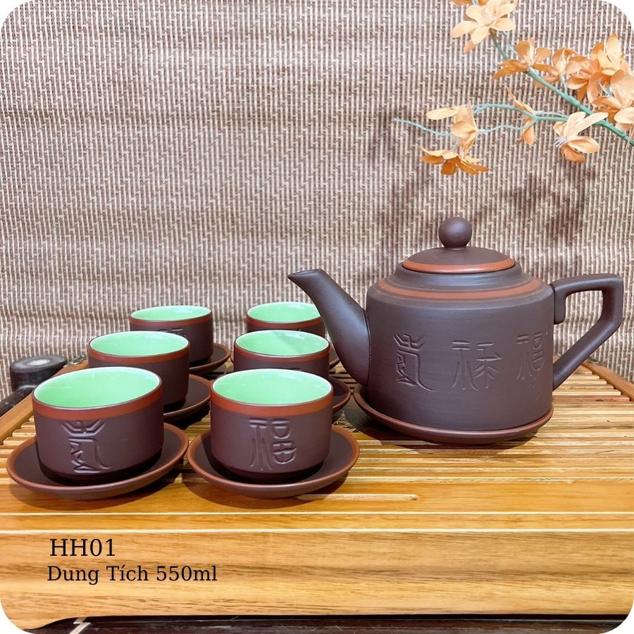 Bộ ấm chén uống trà ⚱ ấm trà Tích chữ cao cấp tử sa ⚱ Gốm Sứ Bát Tràng GOMPHUQUY HH01