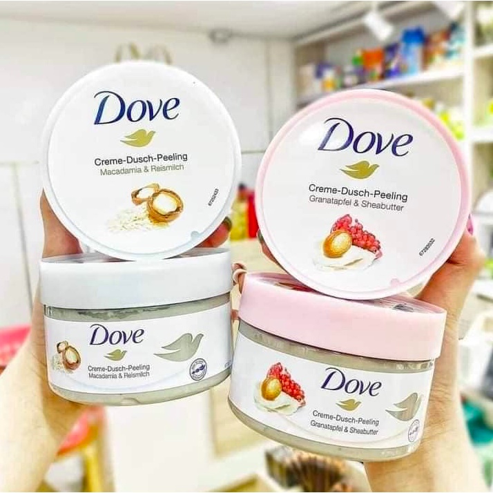 [BẢN ĐỨC]Tẩy Tế Bào Chết DOVE Exfoliating Body Scrub Creme-Dusch-Peeling 225ml Lựu/Macca