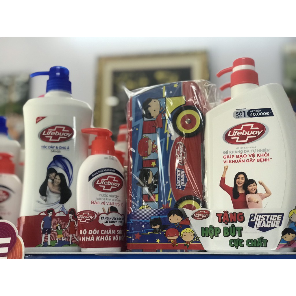 Combo Lifebuoy dầu gội 640g tóc dài óng ả tặng nước rửa tay + Lifebuoy sữa tắm 850g tặng hộp bút thiếc