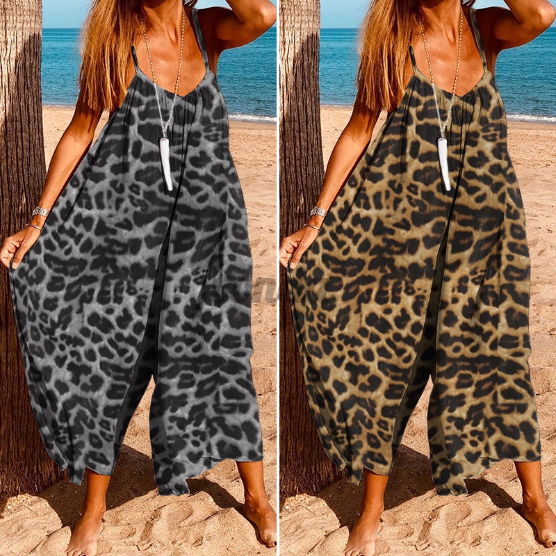 Bộ Jumpsuit VONDA Không Tay Họa Tiết Da Báo Với Ống Quần Rộng Quyến Rũ Dành Cho Nữ