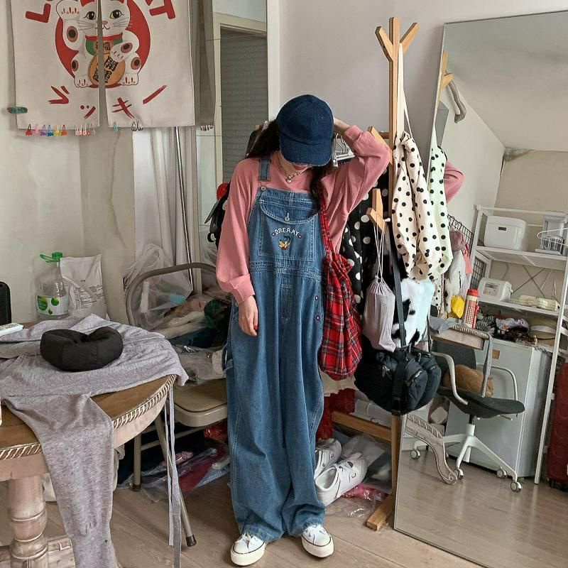 Quần yếm jean dài ống rộng thêu hình chó PLUTO DREAMY  🌿