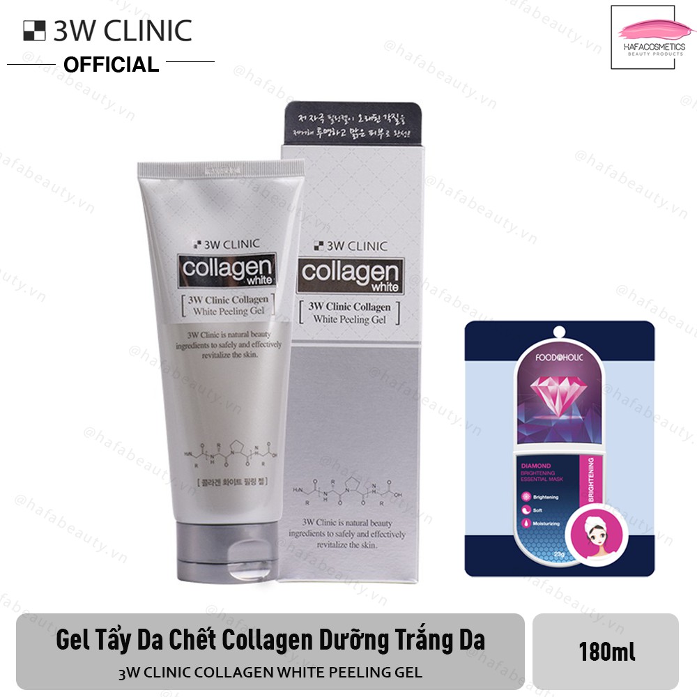 Gel tẩy da chết collagen dưỡng trắng da 3W Clinic Collagen White Peeling Gel 180ml + Tặng kèm 1 mặt nạ Foodaholic