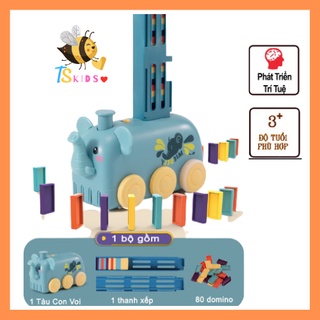 Đồ chơi giáo dục thông minh -Xe điện hình thú lắp rắp thả Domino có đèn và nhạc-Voi domino xếp hình  - TS Kids Shop