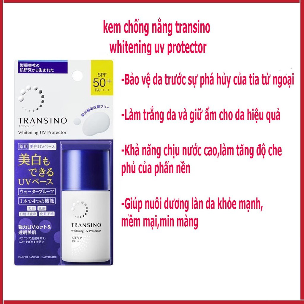 Kem Chống Nắng Trắng Da, Dưỡng Da ban ngày Transino Whitening UV Protector SPF50+ PA++++ - HÀNG NỘI ĐỊA NHẬT