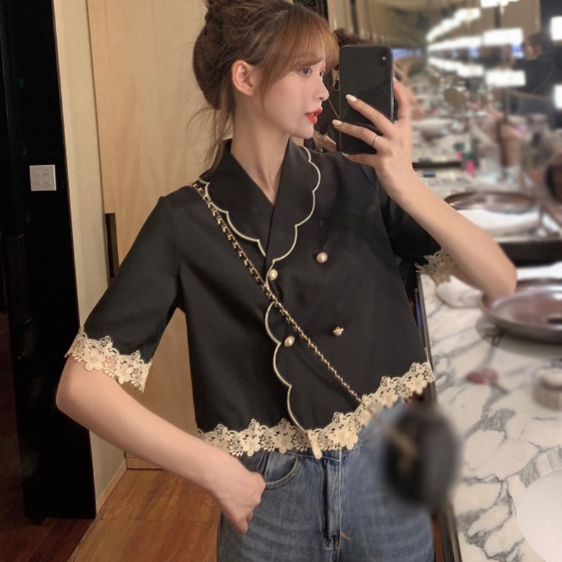 Áo Sơ Mi Cổ Búp Bê Phối Ren Xinh Xắn Dành Cho Nữ