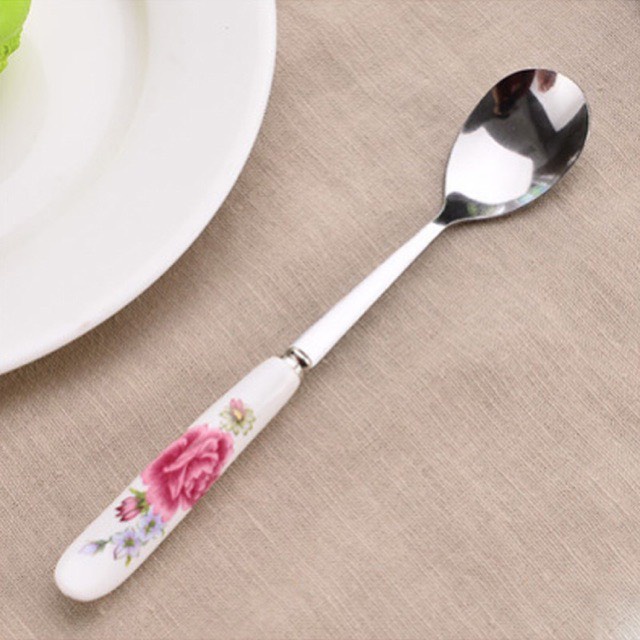 Thìa inox cán sứ hoa hồng, hàng loại 1 cao cấp tienich247
