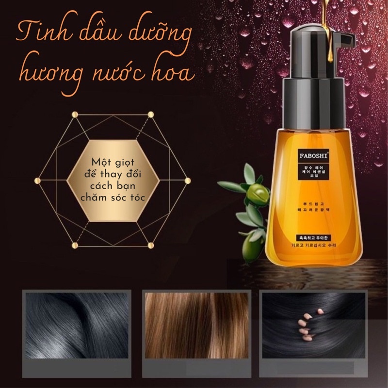 Tinh dầu dưỡng tóc mềm mượt thành phần tự nhiên hương nước hoa, giảm xơ rối, phục hồi hư tổn, giữ nếp tóc uốn Faboshi