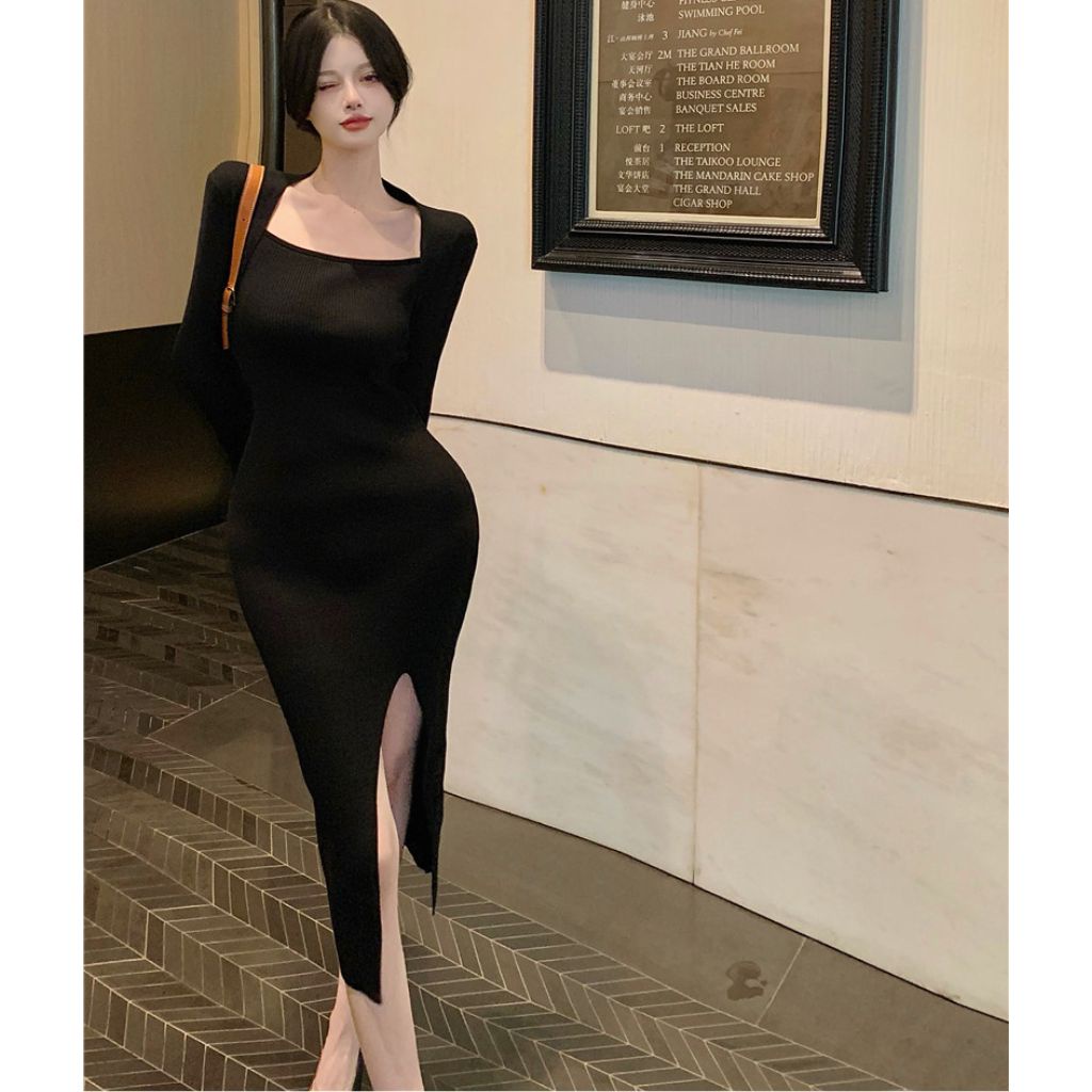 Váy len cổ vuông dài tay, đầm len ôm body xẻ đùi sexy quyến rũ hàng cao cấp order taobao nhà Oanhdilys