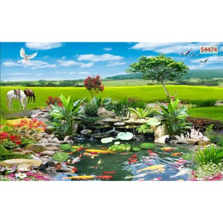 tranh 3d dán tường in Vải Lụa tranh đàn cá Koi phong cảnh thiên nhiên